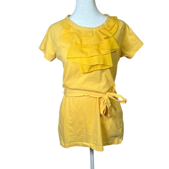 Isaac Mizrahi Live Yellow Tunic Top Ruffle Tie Casual Pullover 100% Cotton Small - Picture 1 of 8